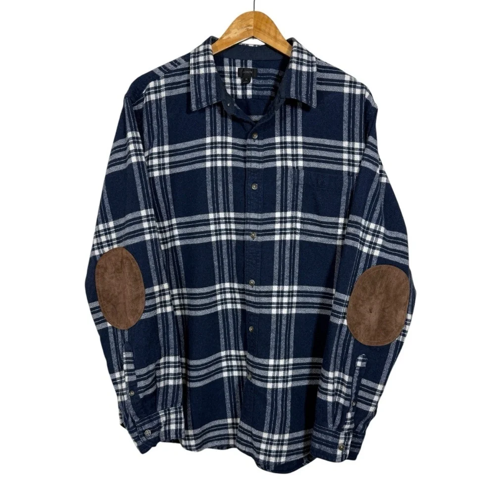 J. Crew Blue And White Plaid Button Down Elbow Patch Flannel Shirt Mens Size XL